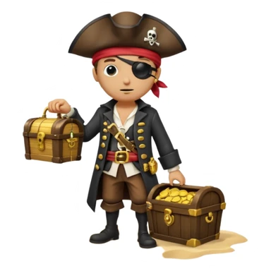 A 3D cartoon pirate character with one eye covered by a black eye patch, holding a treasure chest filled with gold coins and jewels, standing on sandy ground, wearing a pirate hat and coat, warm sunset lighting, realistic Memoji-style rendering. sticker