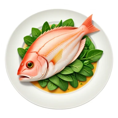 Cinematic fresh snapper fillet, pan-seared to golden perfection, soft and flaky texture, resting on a bed of sautéed greens, warm glowing background, refined and elegant. sticker