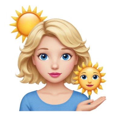 Girl Blonde short wavy hair,  blue eyes, cute blue top, long lashes, pink lips, holding the one sun   sticker