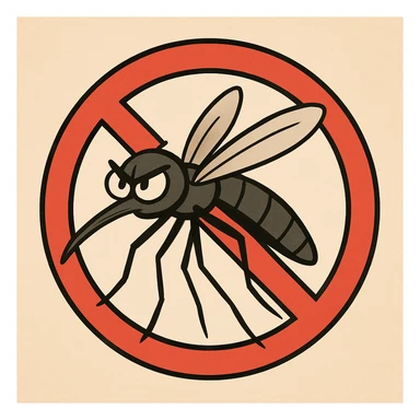 straightforward cartoon mosquito silhouette with a red prohibition sign circle and diagonal line crossing through it, clean easy-to-read cartoon style sticker