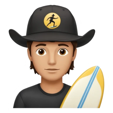 Male brunette movie producer black baseball hat with surfing cowboys written on hat  sticker