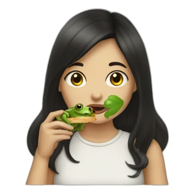 Dark haired girl eating a frog sticker