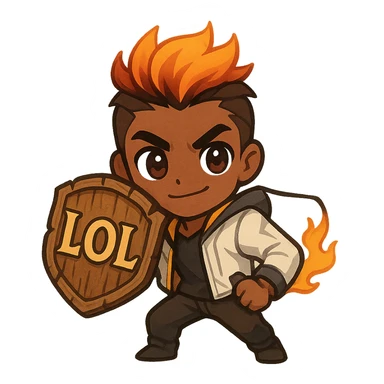 Create a chibi style illustration of Phoenix from Valorant with large eyes and a small figure. Use typical fiery hair color and depict a confident pose different from the original. Include a comic-art style wooden shield that looks slightly rustic and handmade. On the shield, add the text 'LOL' in bold, clear, slightly ornate lettering. The image should have clear lines and a friendly, energetic vibe. Make it emoji-compatible at 128x128 px. sticker