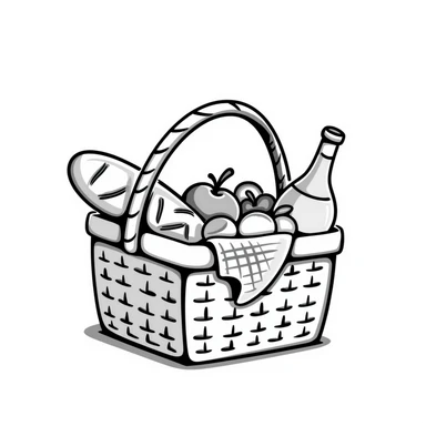 A wicker picnic basket with handle and contents like food items in pastel colors (dd9fb0, ffc6d3, a3bfc9, c4bee2, f1b091), hand-drawn doodle style sticker