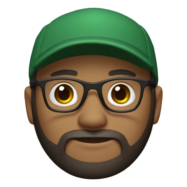 A 3D avatar with a dark green baseball cap, black t-short, glasses, black beard, dark brown eyes, light skin, and looks 35 years old on a beige background sticker