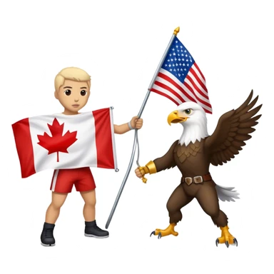 Canadian wearing a flag of Canada fighting an Eagle wearing an American flag sticker