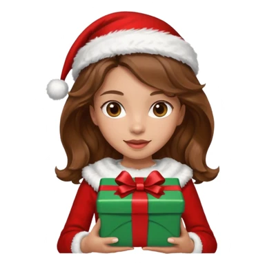a girl with wavy brown hair wearing a christmas clothes and holding a gift sticker