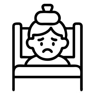 a sick child lying in bed with a hot water bottle on their head, simple line art sticker