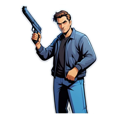 guy holding gun sticker