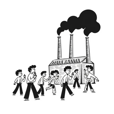 A factory with chimneys pumping out smoke and pollution with people coughing and choking sticker