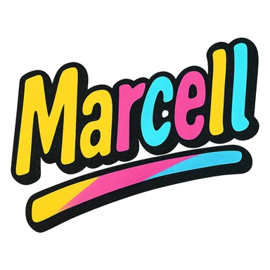 Marcell name in modern colorful gradient font with dark outline, dynamic slanted or partial underline, transparent background, in the style of reference patterns sticker