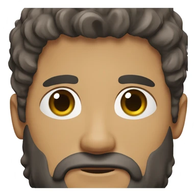 a light brown-skinned man with short, thick hair that is mostly black with a little grey, green eyes and a black beard sticker