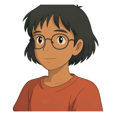 ghibli style Asian girl with tan skin, short black hair, and glasses sticker