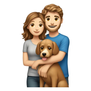 A caucasian brown haired boy hugging his caucasian brown haired girlfriend and holding a tan doodle dog sticker