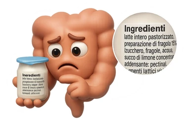 EMOJI STILE IPHONE 3D DI UN INTESTINO CHE HA IN MANO UN BARATTOLO DI YOGURT CONFEZIONATO DA SUPERMERCATO E LEGGE L'ETICHETTA NUTRIZIONALE CON GLI INGREDIENTI IN ITALIANO, ACCANTO ALLO YOGURT CHE HA IN MANO C'è UN FOCUS SULL'ETICHETTA CON GLI INGREDIENTI SCRITTI, FAGLI UN ESPRESSIONE CONFUSA MENTRE LEGGE E FALLO MOLTO REALISTICO IN 3D sticker