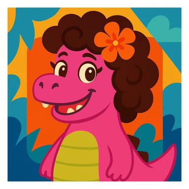 pink dinosaur with brown curly hair, a Hawaiian flower in her hair, and brown eyes, vibrant illustration style sticker