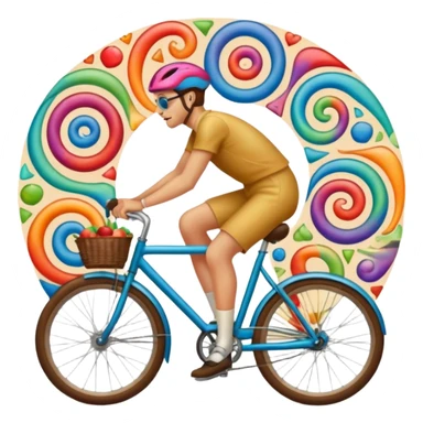 apple emoji style person on bicycle with subtle psychedelic swirls in wheels inspired by Hofmann blotter art bold and iconic sticker