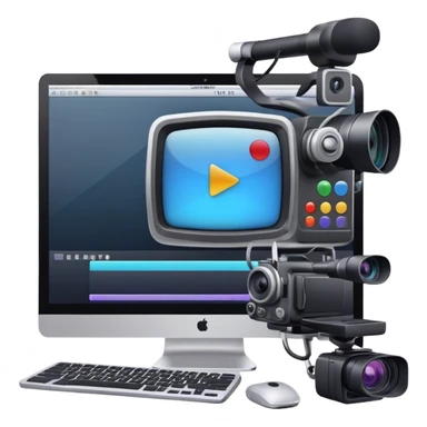 Create an emoji for video editing. Show a computer screen with a video timeline, clips, and editing tools (e.g., scissors). Add a video camera. Use modern, professional colors. Do not include any emojis or smiley faces. Make the background transparent sticker