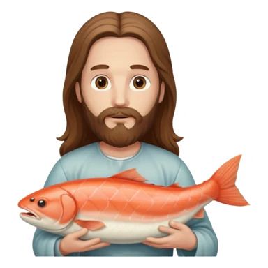 a white Jesus with a long beard holding a salmon sticker