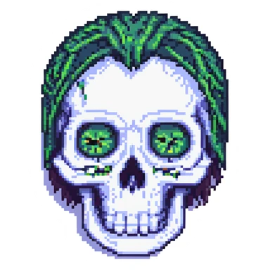 pixel art style skull with emo hair and sad eyes sticker