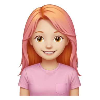 The girl with long orange hair is very happy. Make the girl similar with the reference picture. Change her sweat. Make it pastel pink t-shirt. sticker