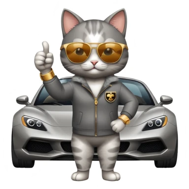 cat wearing sunglasses and a watch giving a thumbs up next to a fancy car sticker