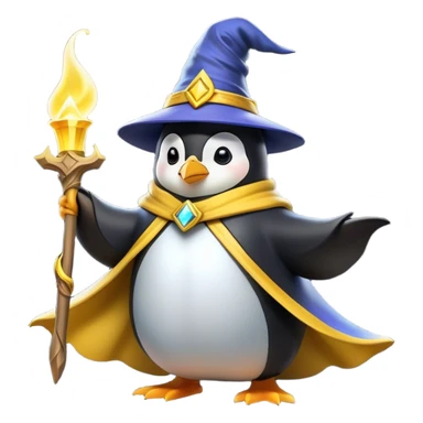 A wizard penguin with a yellow hat and a long, flowing cape. The penguin is floating slightly above the ground, surrounded by swirling magical energy and glowing runes in the airyellow wizard hat sticker