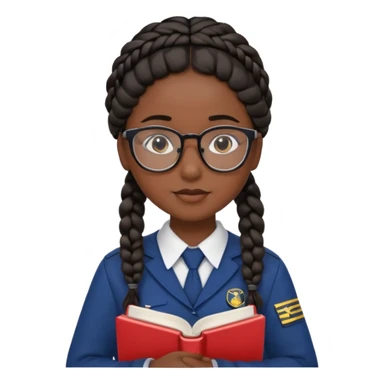 Girl student wearing uniform, glasses, hold book in front of their chest, black braided hair, dark skin sticker