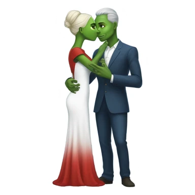 Beatiful tall green skin female reptilian in red dress, kissing white man in blue dress, full figure, full body sticker