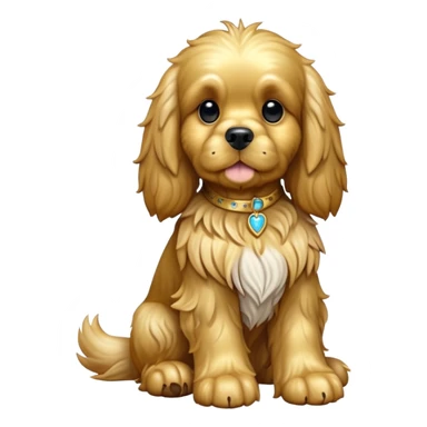 cinematic-[cocker spaniel dog]-realistic-full-body-sitting-emoji,-tail-resting-loosely-beside-its-paws,-head-tilted-dramatically,-scruffy-[solid gold]-fur,-simplified-yet-realistic-focused-features,-highly-detailed,-glowing-with-an-almost-sarcastic-glow sticker