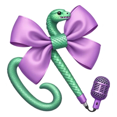 A pastel pink bow with a pastel green snake on the top of one side and a pastel purple microphone on the bottom of the other side sticker