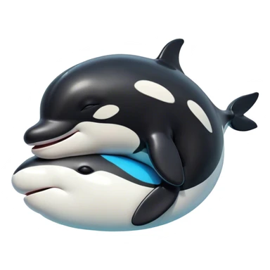 Meme-Worthy Cute Sleeping orca Portrait Emoji, Head resting peacefully with a contented smile, showcasing a smooth black-and-white body with gently drooping fins and eyes softly closed in serene slumber, Simplified yet adorably endearing features, highly detailed, glowing with a soft, drowsy deep-sea light, high shine, relaxed and utterly lovable, stylized with an air of playful oceanic laziness, soft glowing outline, capturing the essence of a sleeping orca that feels destined to become the next viral icon of adorable marine rest! sticker