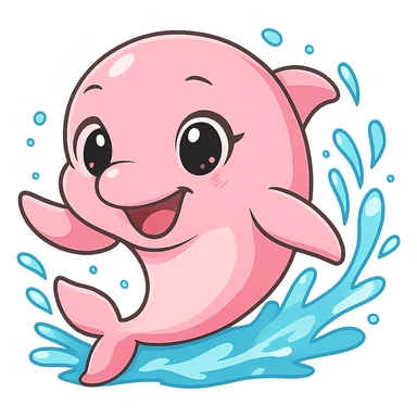 Resize to 128x128 pixels. Pink dolphin enjoying swimming with water effects and a big smile. Keep background transparent. Render in anime style. sticker