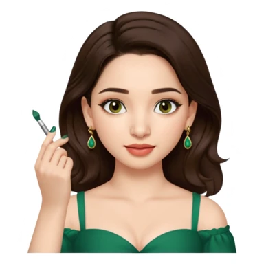 pretty bratz genmoji that looks like tamannah bhatia (bollywood actress), wearing a dark green sweetheart neckline top, dark brown hair, light makeup, no necklace, dangly earrings, side hair part, fair. dark brown eyes


Show her applying something on her face with a finger sticker