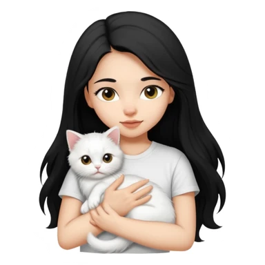 a girl with long dark black hair, in a white t-shirt, hugs a persian kitten 3 months old black and white one cat. emoji | AI Emoji Generator sticker