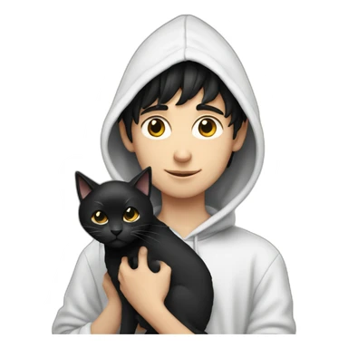 black haired and white skin boy who wears hoodie holds a black cat sticker