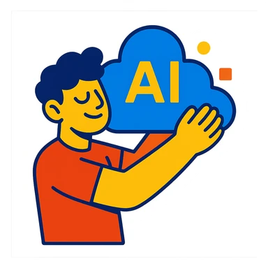 person with arms around a floating data cloud representing AI sticker