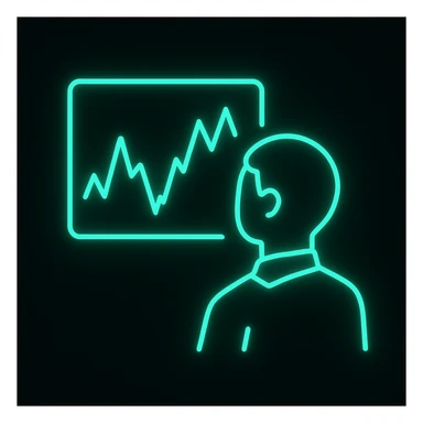 minimalist neon icon of a trader watching a volatile stock chart, color #0BD794, glowing lines sticker