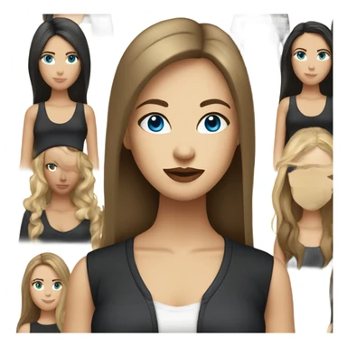 entire, white woman with straight long mid hair, dark brown hair, blue eyes, round face, uni-lips, wearing a black outfit, stylish. sticker