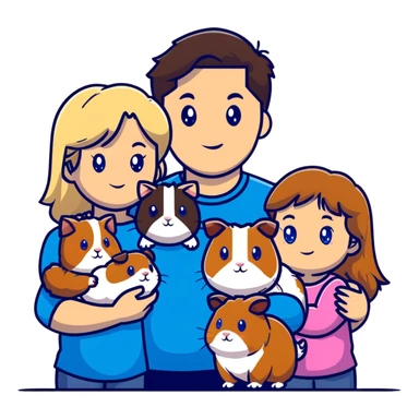 Family portrait with father with dark brown hair and blue eyes, mother with light brown hair and blue eyes, three blonde little girls with blue eyes, plus a cat and two guinea pigs sticker