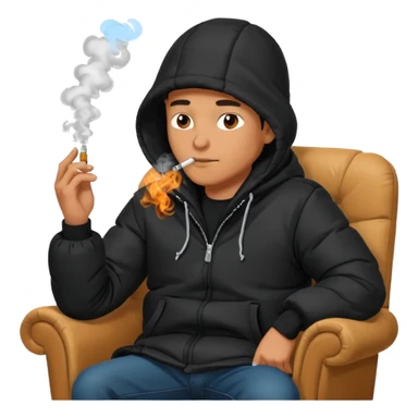 A man sitting on a chair, wearing a black puffed coat with hood, hands in his pocket, smoking a cigaret, he is on a chair i sticker