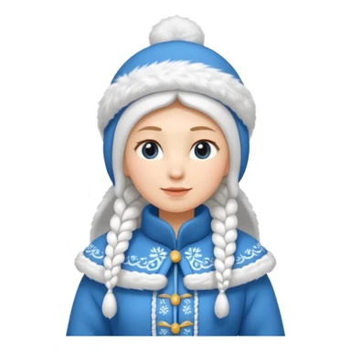 A cute Snow Maiden (Snegurochka) emoji, full body, standing in side view, wearing a traditional blue winter coat with white fur trim, long braid, and a kokoshnik-style winter hat. sticker