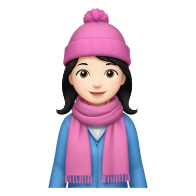 Kid wearing pink hat and scarf, black hair, full body sticker
