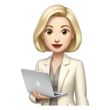 pale skin woman with ash blonde Straightened bob Hair, White Spacious classical jacket, beige palazzo Arrow pants and gray blouse holding a MacBook in the hands sticker