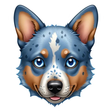 Cinematic Noble Blue Speckle Australian Cattle Dog Portrait Emoji, Poised and regal, with a robust, athletic build and a striking blue speckle Fur, piercing blue eyes, Simplified yet sharp and sophisticated features, highly detailed, glowing with a cool, dignified glow, high shine, intelligent and hardworking, stylized with an air of precision, focused and attentive, soft glowing outline, capturing the essence of a watchful and determined herder, so majestic it feels as though it could leap out of the screen with effortless authority! sticker