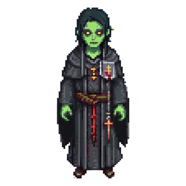 a zombie from the game DAYZ, A PRIEST WITH BLACK HAIR WEARING A BLACK ROBE sticker
