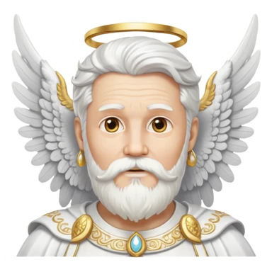 Ancient god with white angel wings spread wide, silver-white hair, beard and mustache, ornate gold earrings dangling from both ears sticker