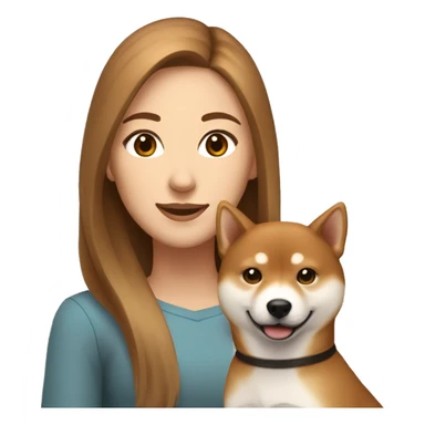 beautiful woman, straight long light brown hair, brown eyes smiling with dog Shiba Inu sticker