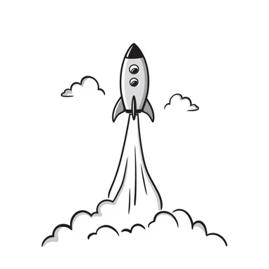 Hand-drawn rocket launching from launchpad with flames and smoke trails sticker