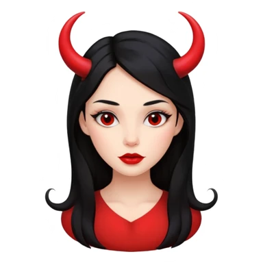 A girl's face with cheekbones, red skin, long black hair, small red horns, big lips sticker